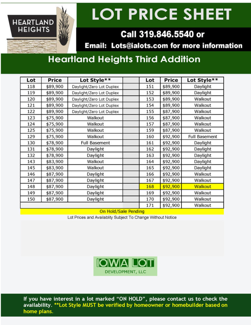 Heartland Heights Third Addition Price Sheet Photo