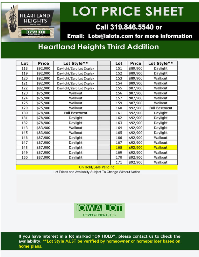 Heartland Heights Third Addition Price Sheet Photo